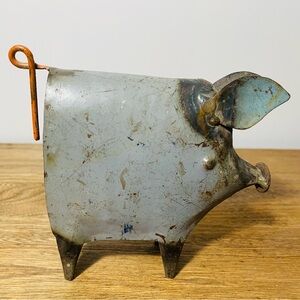 Metal PIG Sculpture Scrap Art Figurine Blue Gray Primitive Rustic Tin Decor 4”